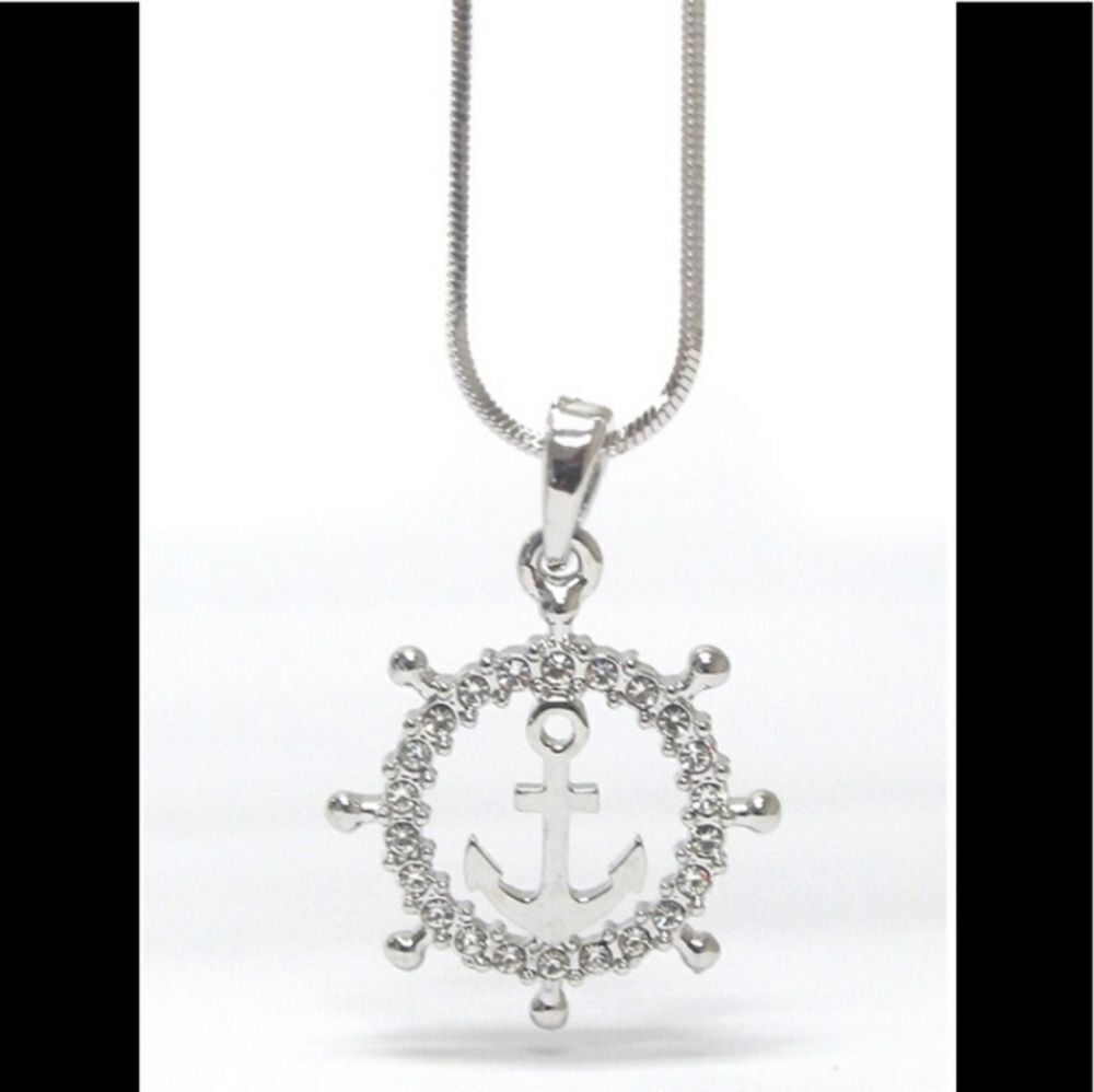 White Gold Plated Crystal Anchor Necklace - Picture 1 of 2
